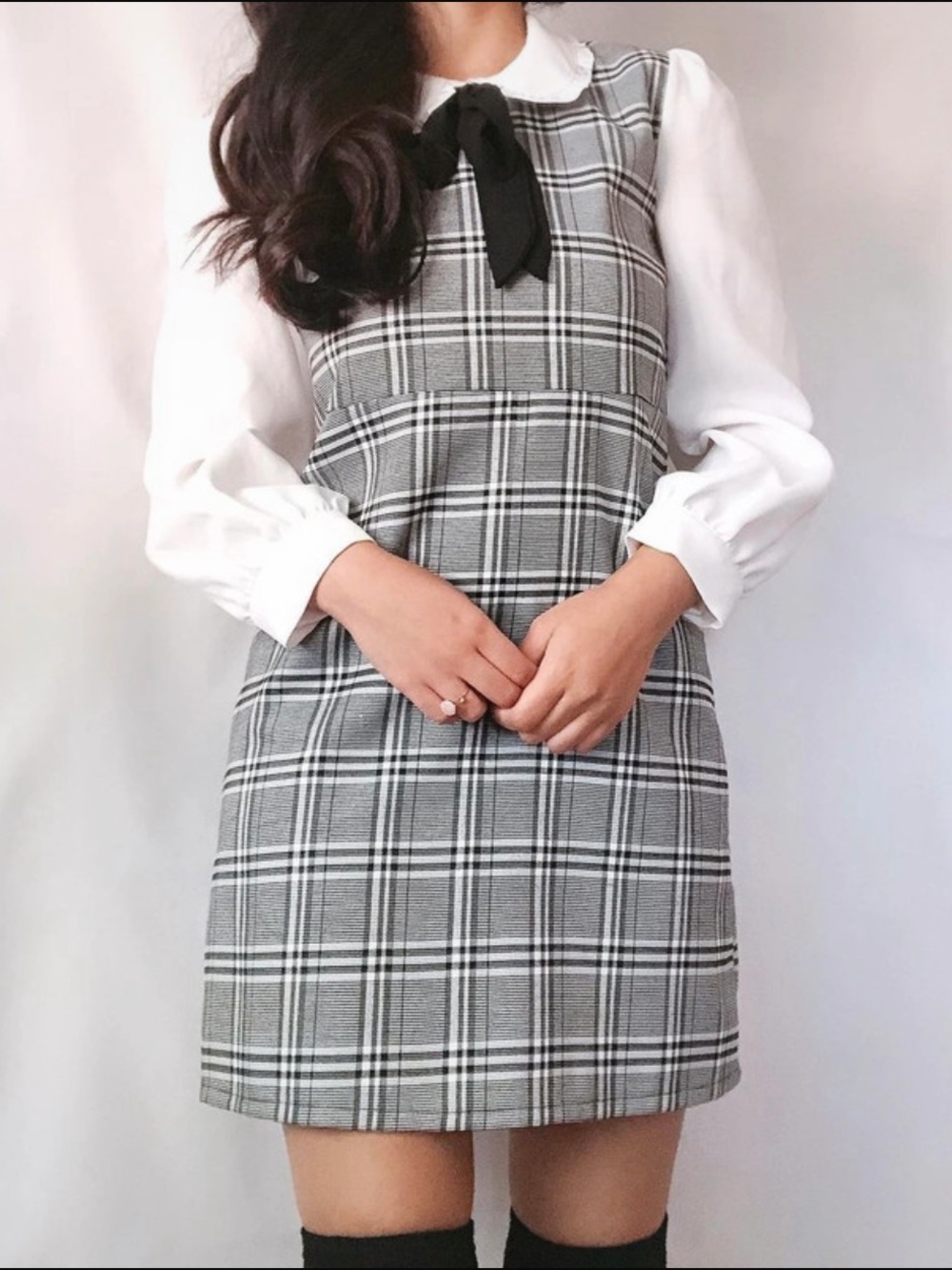 Plaid Black & White Shift Dress with Peter Pan Collar